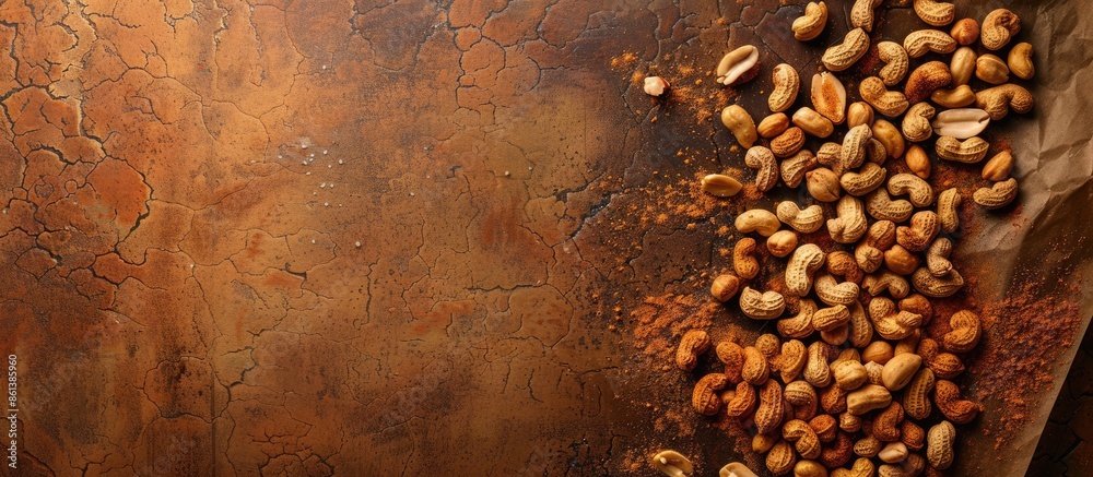 Poster Image with spiced peanuts for roasting on baking paper with copy space image.