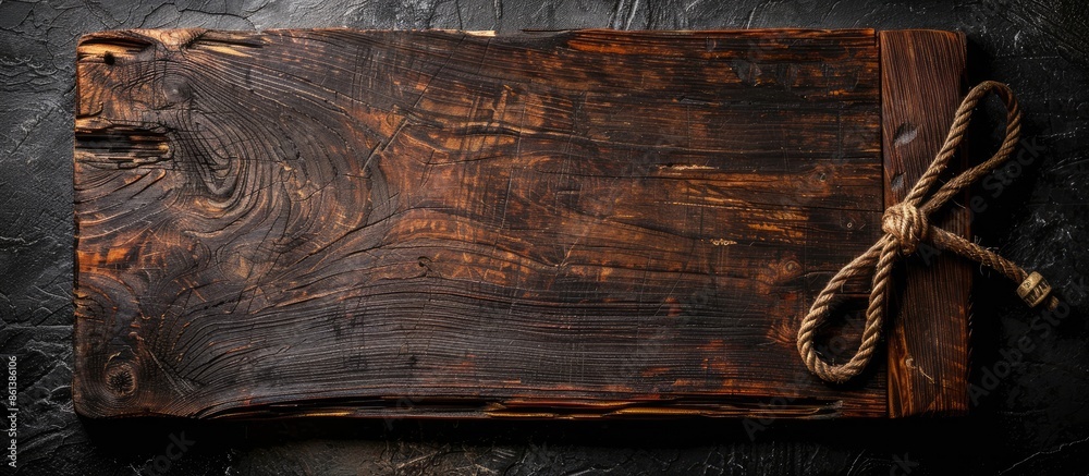 Poster a rustic russian wooden cutting board with groove structure and cracks, showcasing black and brown h