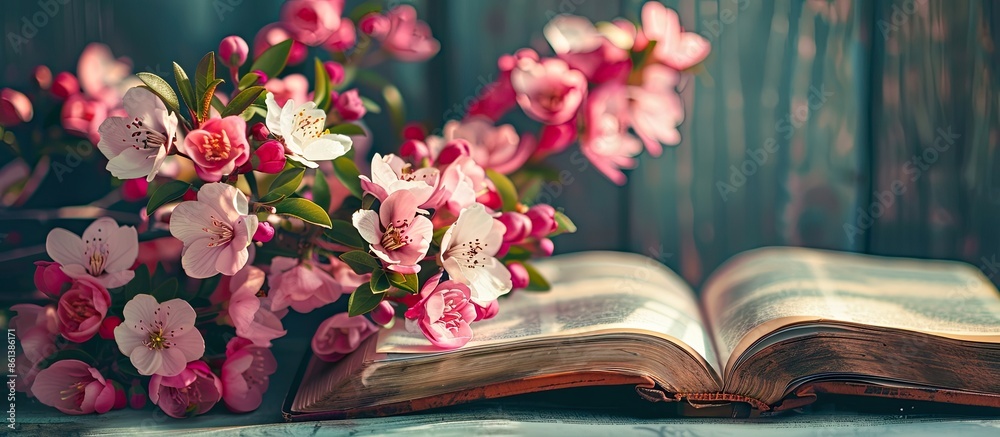 Poster A symbol of renewal and new beginnings, spring flowers in front of an open bible provide a poignant copy space image.