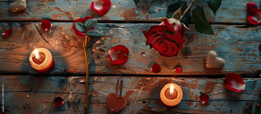 Aufkleber Top-down view of a Valentine's Day scene with a rose and heart on a table, allowing for text or images alongside, emphasizing the holiday theme. copy space available