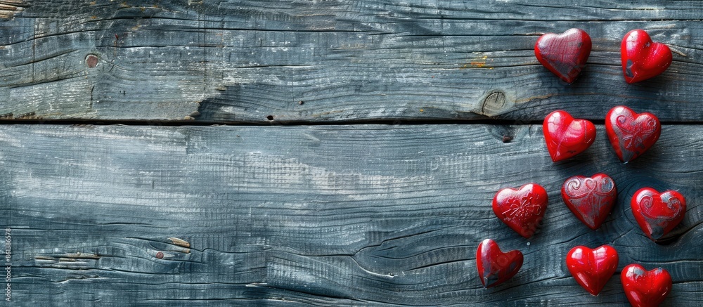 Wall mural Valentine's Day red hearts on a wooden background, perfect for a celebratory copy space image.