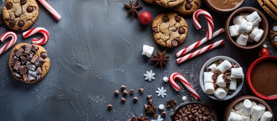 Christmas-themed sweets like candy canes, chocolate chip cookies, caramel, and marshmallows on a dark gray backdrop. Includes ample copy space for images. © Gular
