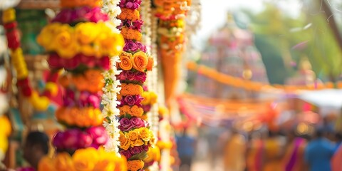 Vibrant Thpusam Festival at Hindu temple draws crowds with colorful decorations. Concept Festivals, Thaipusam, Hindu temple, Crowds, Colorful decorations