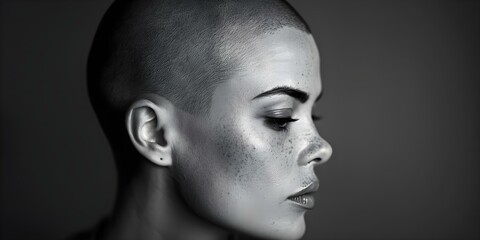 Photo of a woman with a shaved head symbolizes strength and beauty. Concept Strength, Beauty, Shaved Head, Woman, Symbolism