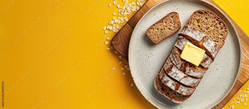 Poster top view of wholegrain bread on a cutting board with butter on a plate, set against a yellow backgro