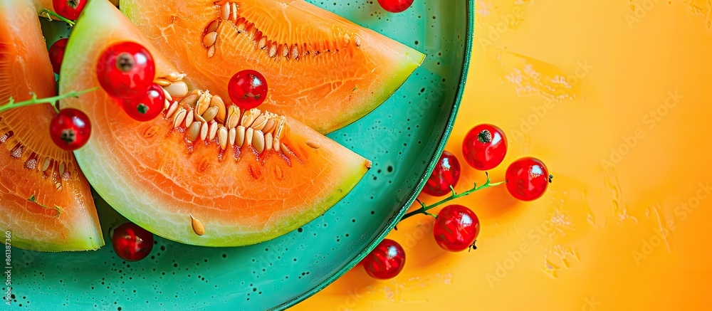Poster melon slices with copy space image on yellow, skin melon on a green plate, rowan berries on a colorf