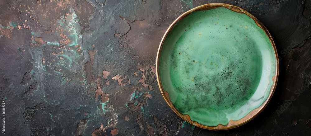 Poster top view of an antique green plate on a dark, textured table with copy space image. ideal for menus 