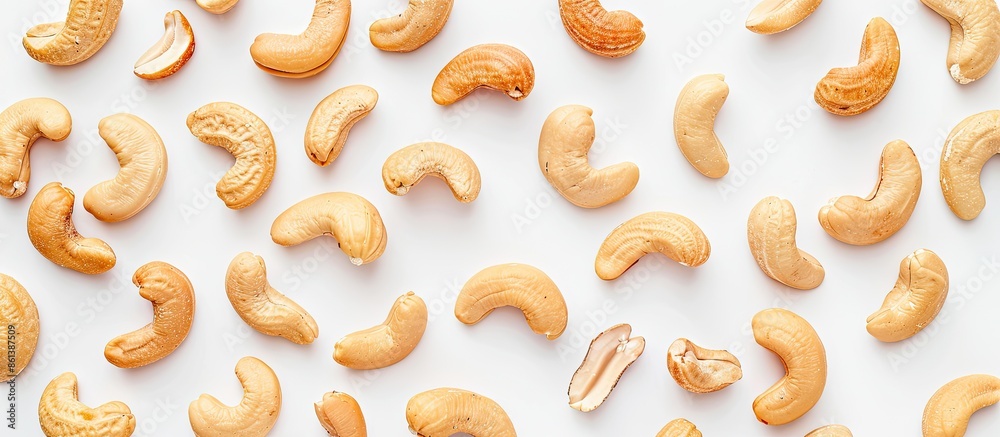 Poster White background showcasing a pattern made of peanuts and cashews with copy space image.