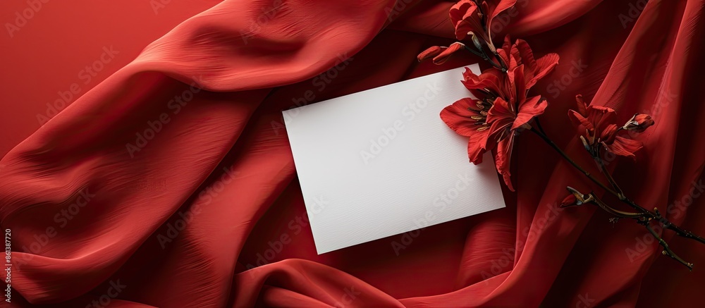 Poster red cloth with a greeting paper card on it, providing a copy space image.