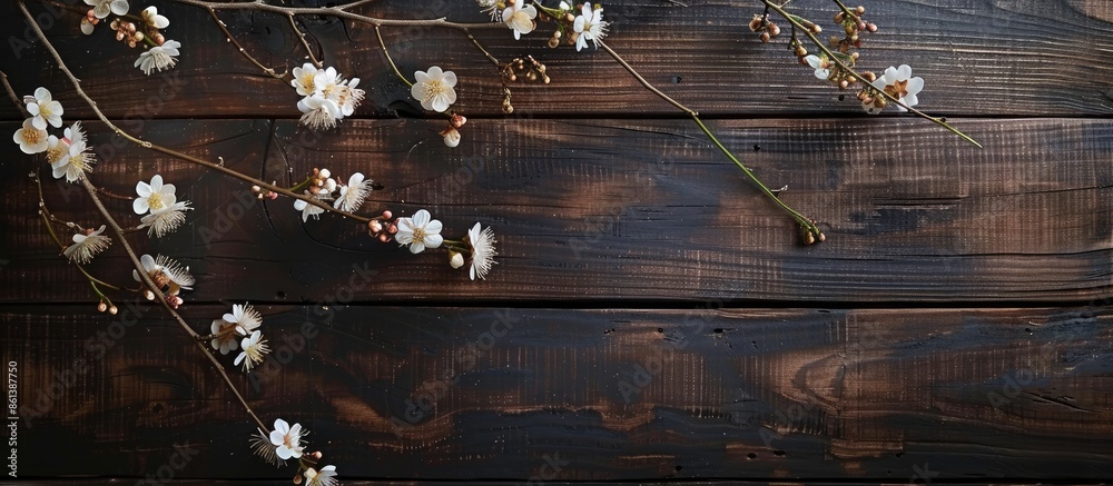 Aufkleber blooming branches on a dark wood backdrop create an enchanting copy space image.