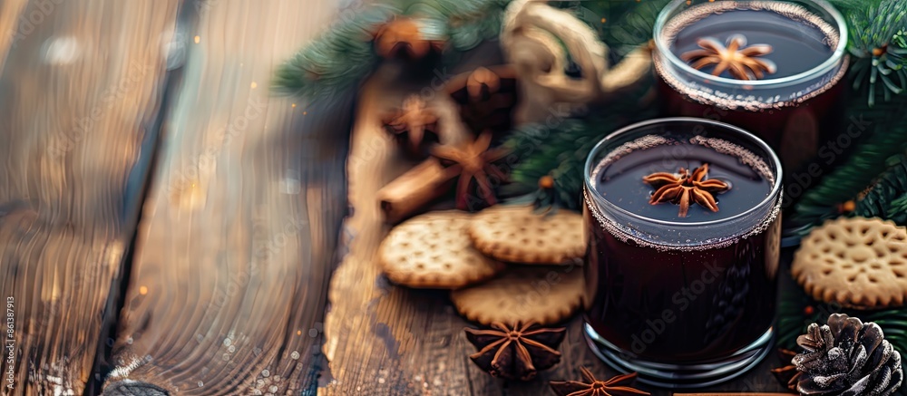 Poster Close-up image of a delicious mulled wine and cookie on a wooden table with copy space image available for text.