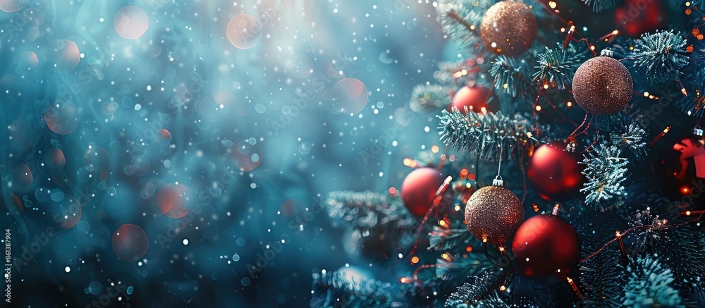 Leinwandbilder A close-up image featuring a Christmas tree adorned with balls, set against a blurred backdrop of bokeh garlands, creating a festive New Year concept with copy space image.