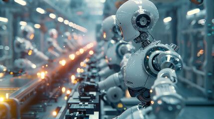 Fototapeta premium AI robot working on a production line in a factory with glowing lights and futuristic technology concepts