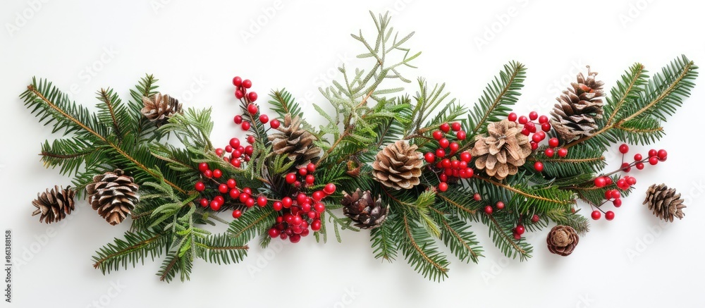 Poster top view of a festive new year's arrangement on a white background featuring evergreen branches, red