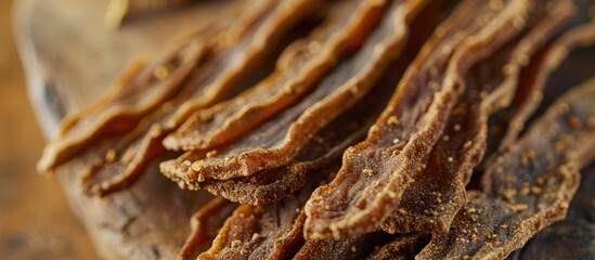 A detailed image featuring diabetic-friendly sea cucumber crackers with a long, thick shape, known as kerupuk keripik teripang pasir, made from Holothuria fuscopunctata. copy space available