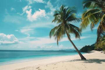 Obraz premium A picturesque scene of a tropical beach with white sand, crystal-clear water, and swaying palm trees. Generative AI
