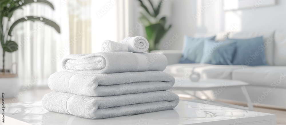 Aufkleber white towels neatly displayed on a white table with a blurred living room background, ideal for show