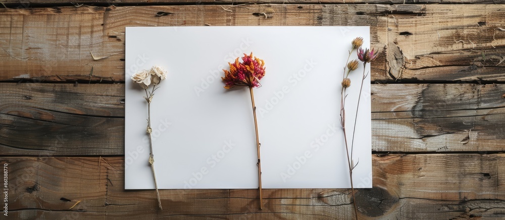 Aufkleber a white sheet of paper on a rustic wooden backdrop adorned with three dried flowers, suitable for a 