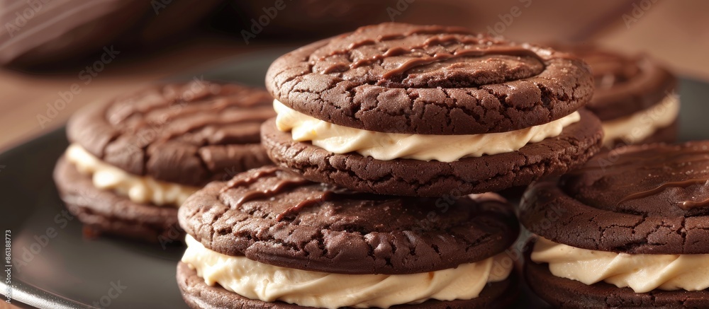Poster A detailed shot of chocolate cookies filled with cream against a background suitable for adding text or other elements. copy space available