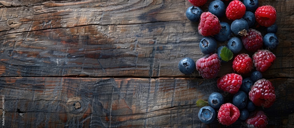 Poster Top-down view of raspberries and blueberries on a rustic wooden backdrop, perfect for text placement in a copy space image.