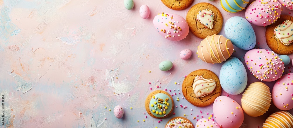 Poster easter-themed holiday preparation with multi-colored eggs and cookies on a pastel background, repres