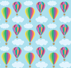 Seamless pattern with colorful kites and clouds in the sky. Vector summer background in flat style	