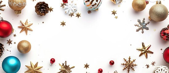 A festive arrangement of Christmas ornaments like balls, stars, and snowflakes on a white background for a copy space image.