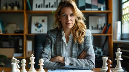 A business woman in semi-formal attire, presenting a business plan on a remote work conference call, with digital marketing charts and chess pieces illustrating strategic planning and digital growth