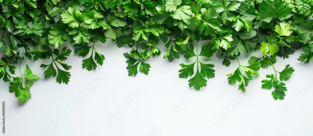 Aufkleber close-up top view of fresh parsley herb's green leaves on white background with copy space image.