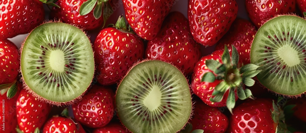 Poster copy space image featuring vibrant red strawberries and kiwi.