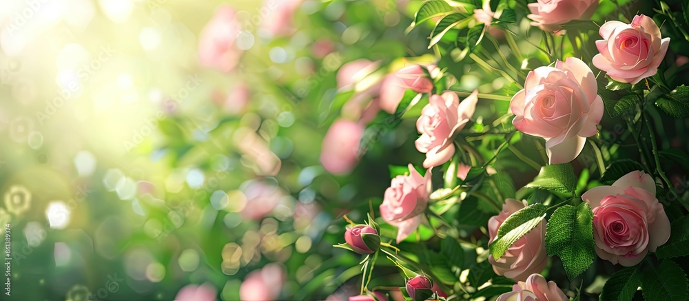 Poster lush rose garden with a blurred background, offering space for text in the image. copy space availab