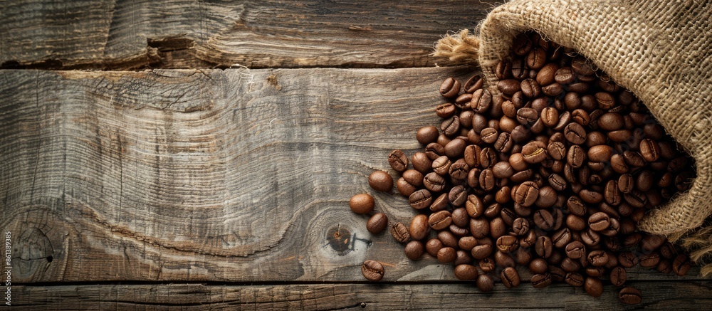 Poster Coffee beans in a burlap bag on a rustic wooden surface with a blank area for text or images in the backdrop. copy space available