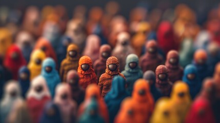 Fototapeta premium A sea of anonymous figures, each in a colorful cloak, standing close together. The image evokes a sense of unity and anonymity.