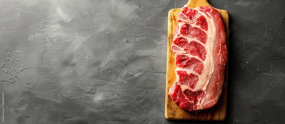 Poster Top view image of marbled raw pork steak on a cutting board against a gray backdrop, with room for text or additional elements.