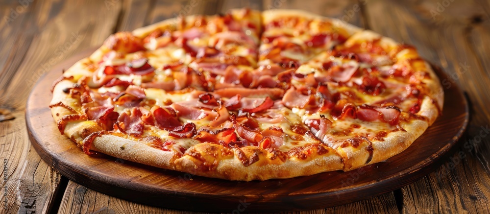 Poster Delicious pizza topped with ham and bacon on a rustic wooden table with a copy space image.