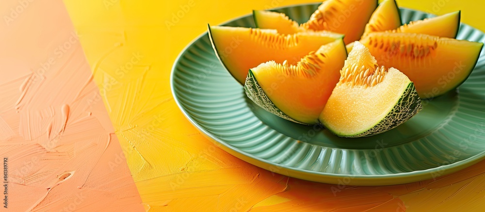 Poster melon slices with copy space image on yellow, skin melon on a green plate, rowan berries on a colorf