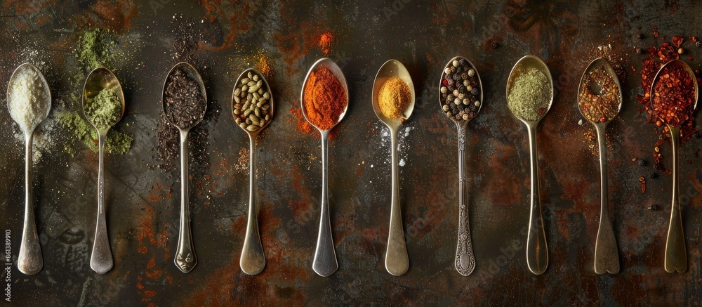 Poster Various spices on spoons set against a vintage backdrop, with ample copy space provided for your text in the image. Top-down perspective.