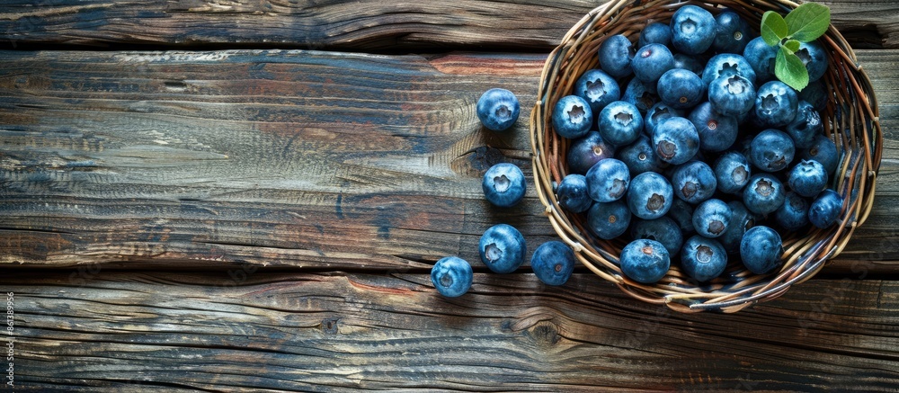 Poster a flat lay photo showing ripe blueberries in a wicker bowl on a rustic wooden table, illustrating a 