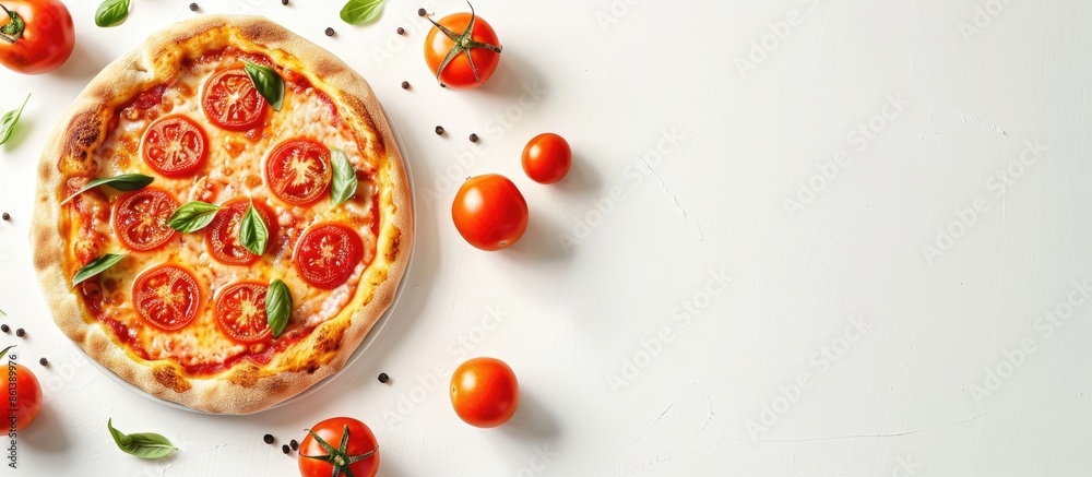 Poster Top view of a delicious pizza topped with fresh tomatoes on a white background with copy space image.