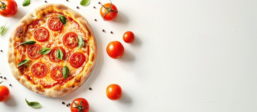 Top view of a delicious pizza topped with fresh tomatoes on a white background with copy space image.