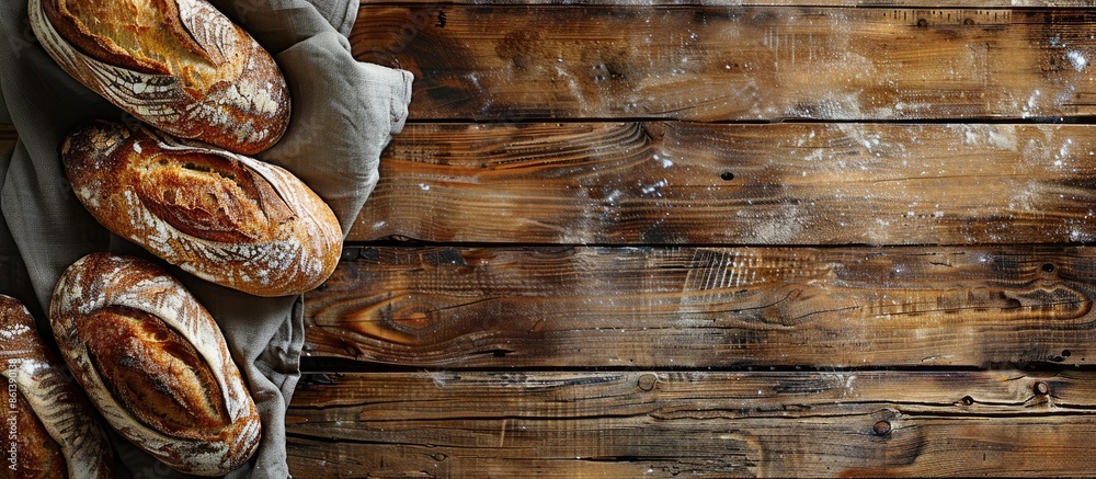 Poster breads freshly baked, arranged on a rustic wooden table with a blank space for an image. copy space 