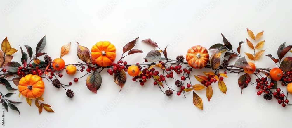 Poster autumn-themed arrangement of leaves, pumpkins, and berries on a white backdrop. suitable for display