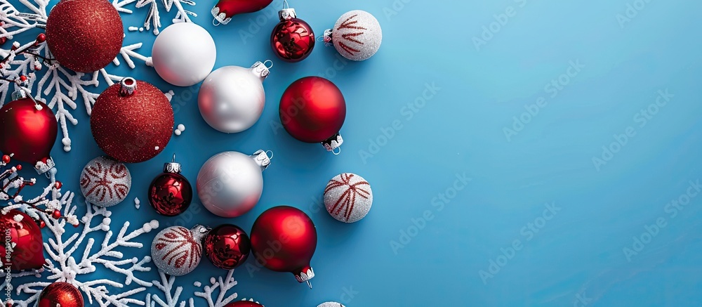 Poster beautiful christmas balls creating a frame on a blue backdrop with a copy space image.