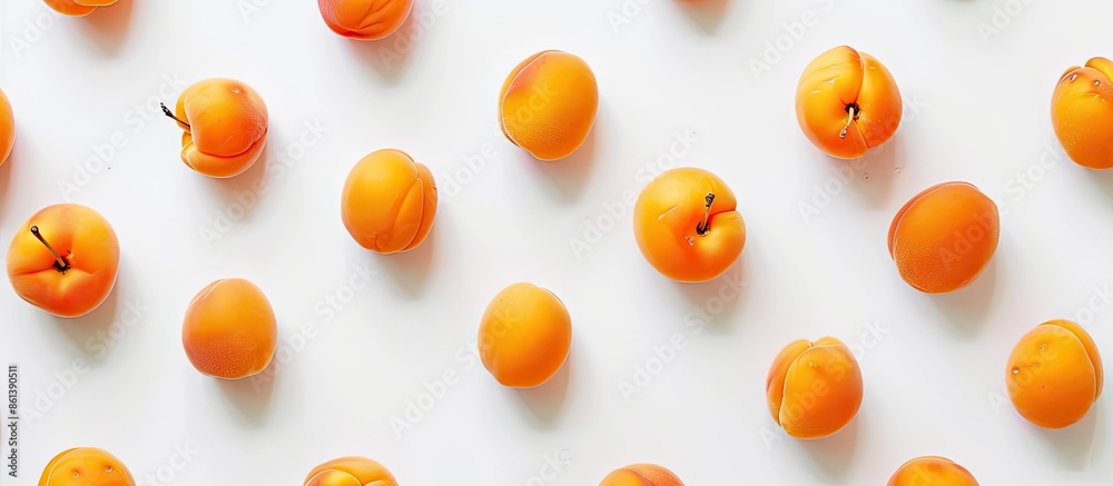 Aufkleber top view of apricot fruits on white backdrop with available copy space image for text, arranged in a