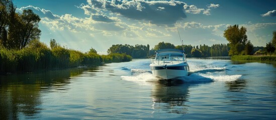 Copy space image of a motorboat on a river with a clear horizon.