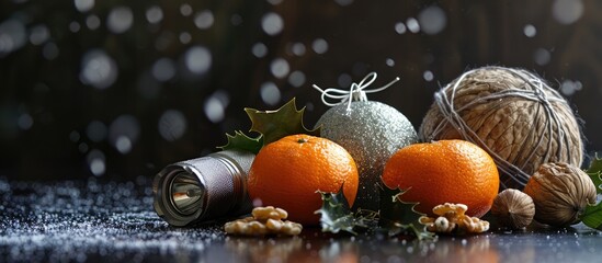 Christmas-themed homemade ornaments like a flashlight, silver thread ball, tangerines, and a walnut displayed on a shiny black backdrop with copy space image.