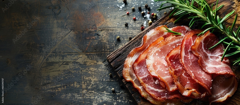 Poster fresh slices of bacon on a rustic table with copy space, perfect for cooking meals or snacks, provid