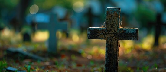 Focused on the wooden cross at the pet cemetery with a blurred background, suitable for copy space image.