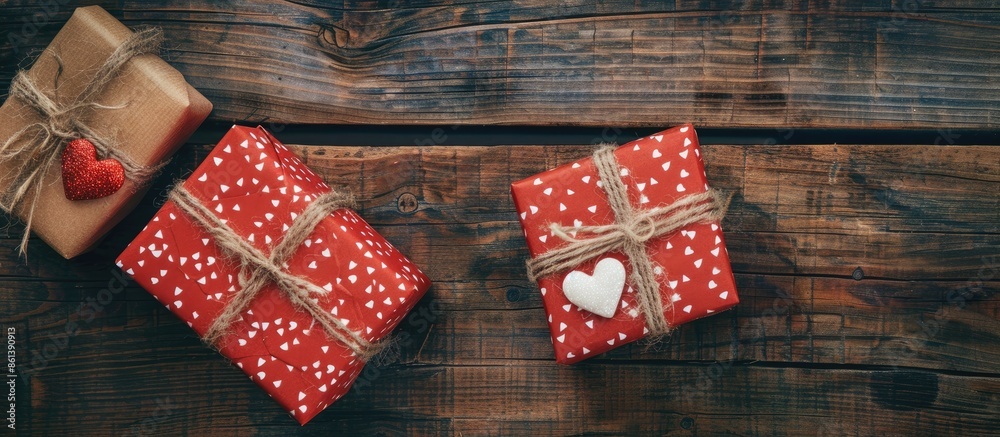 Aufkleber valentine's day concept displayed in a top-down photo of two gift boxes with white hearts on a woode