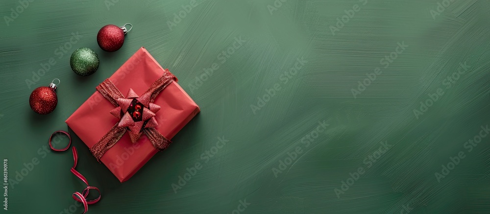 Poster top view of a red gift box and christmas decoration on a green background with copy space image.